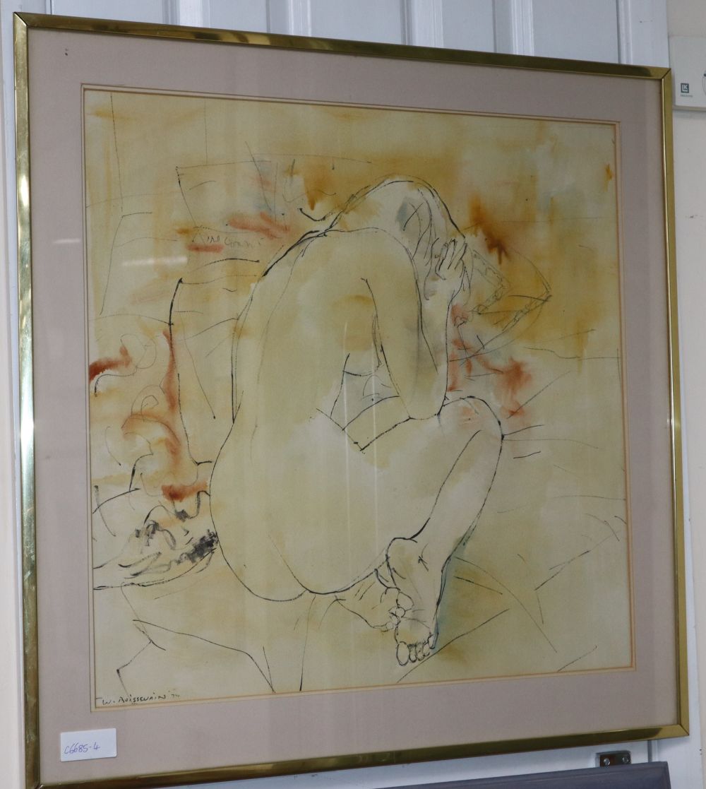 W. Boissewain, ink and watercolour, Crouching female nude, 56 x 56cm